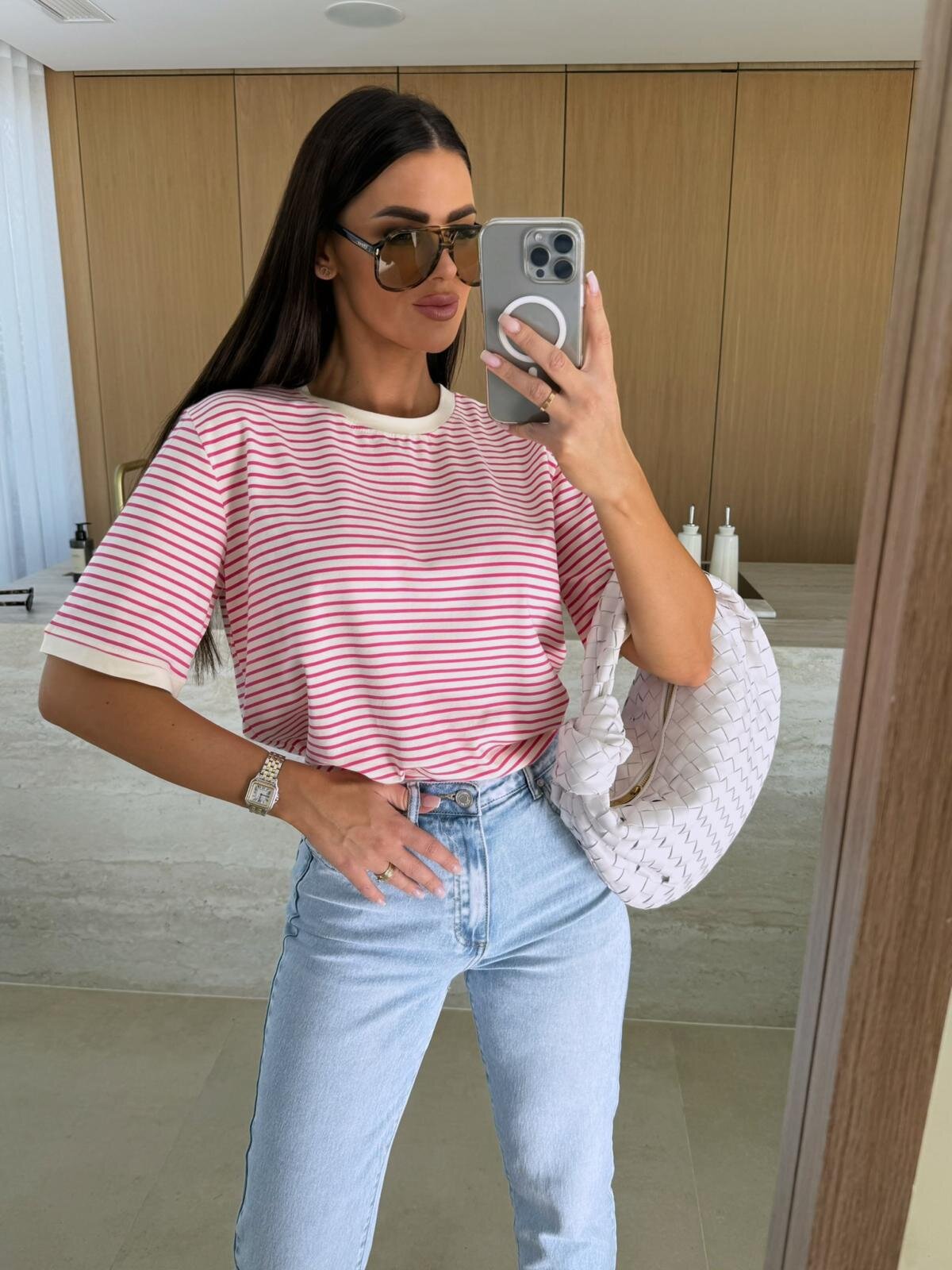 Summer Casual Striped Round Neck Loose Color Matching Short Sleeve