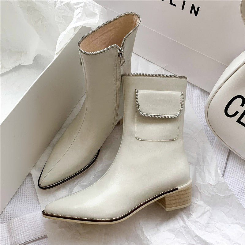 Pointed Thick Heel Fashion Zipper Bag Short Boots Casual Retro Martin Boots Single Boots