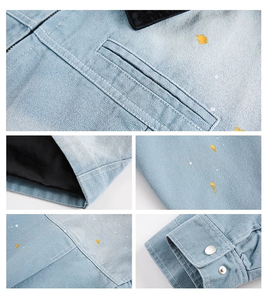 Splash Ink Color Effect Collar Washed Denim Jacket Coat