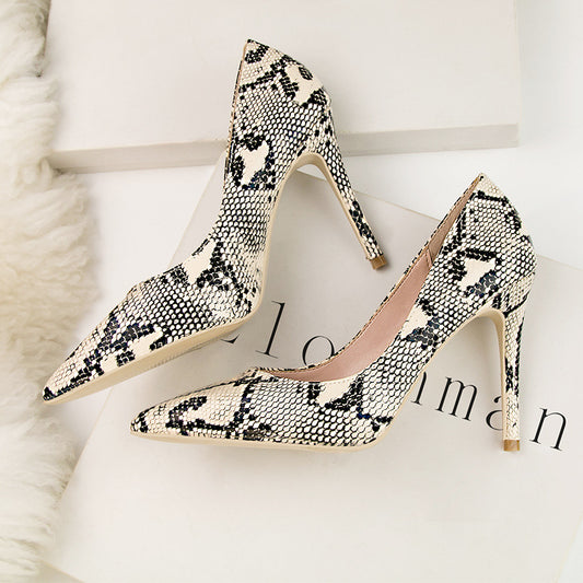 Shallow Mouth Snake Pattern Pointed Sexy Nightclub Showed Thin High Heels