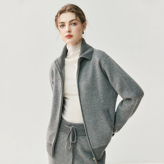 Elegant Zippered Cashmere Cardigan Knit Set