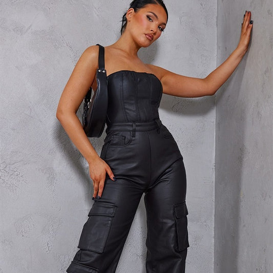Women's Workwear With Pocket Tube Top One-piece Leather Pants
