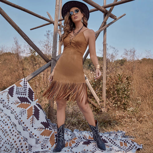 Figure-hugging Dress With Strappy Design And Fringed Details