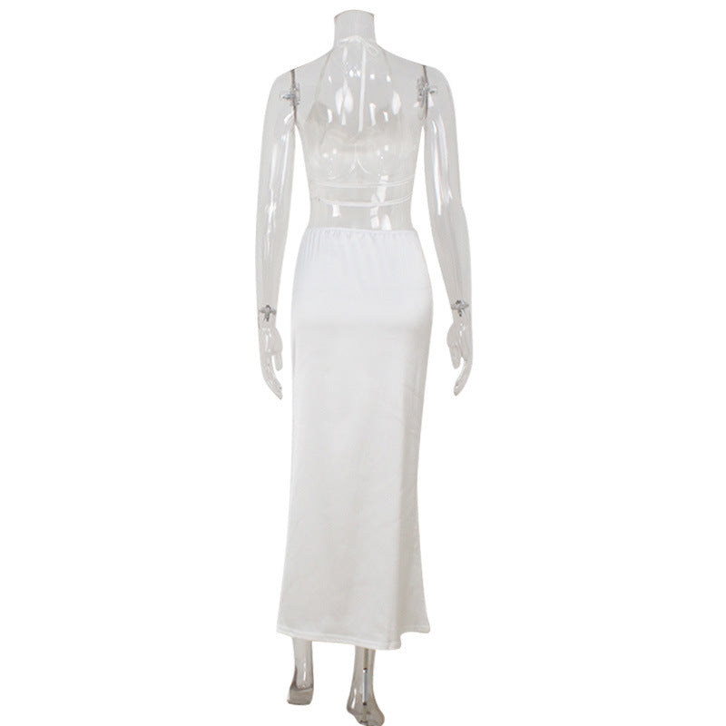 Halter Top With Open Back Paired With A Low-rise Skirta Two-piece Set