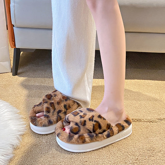 Plus Size Leopard Cross-border Fluffy Slippers Women