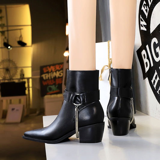 High Heel Pointed Toe Metal Chain Ankle Boots