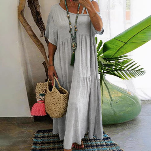Casual Slash Neck Short Sleeve Cotton Linen Solid Color Womens Dress