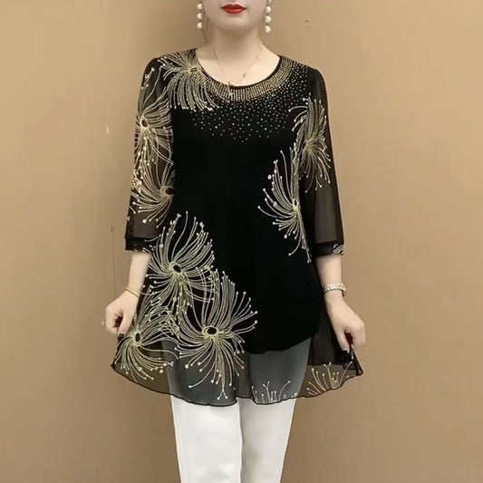 Three-quarter Sleeve Mesh T-shirt High-end Shirt Middle-aged Mom Summer Round Neck Half-open Collar Hollow Out