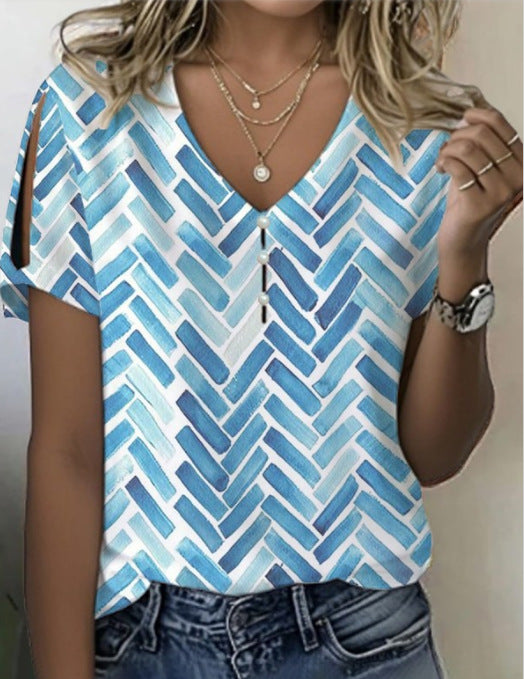 Floral Print Button Spring And Summer Women's Clothing T-shirt Short Sleeve