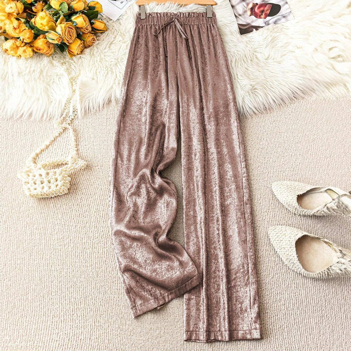 Womens Loose Straight-leg Pleated Pants