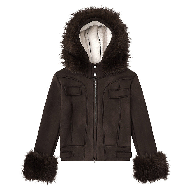 Womens Retro Detachable Big Fur Collar Hooded Padded Coat Slim Fit
