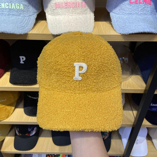 Lamb Hair Letter P Baseball Hat Female
