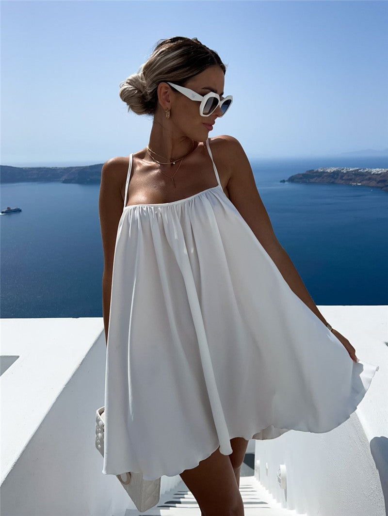 Women's Solid Color Round Neck Sleeveless Loose Strap Dress