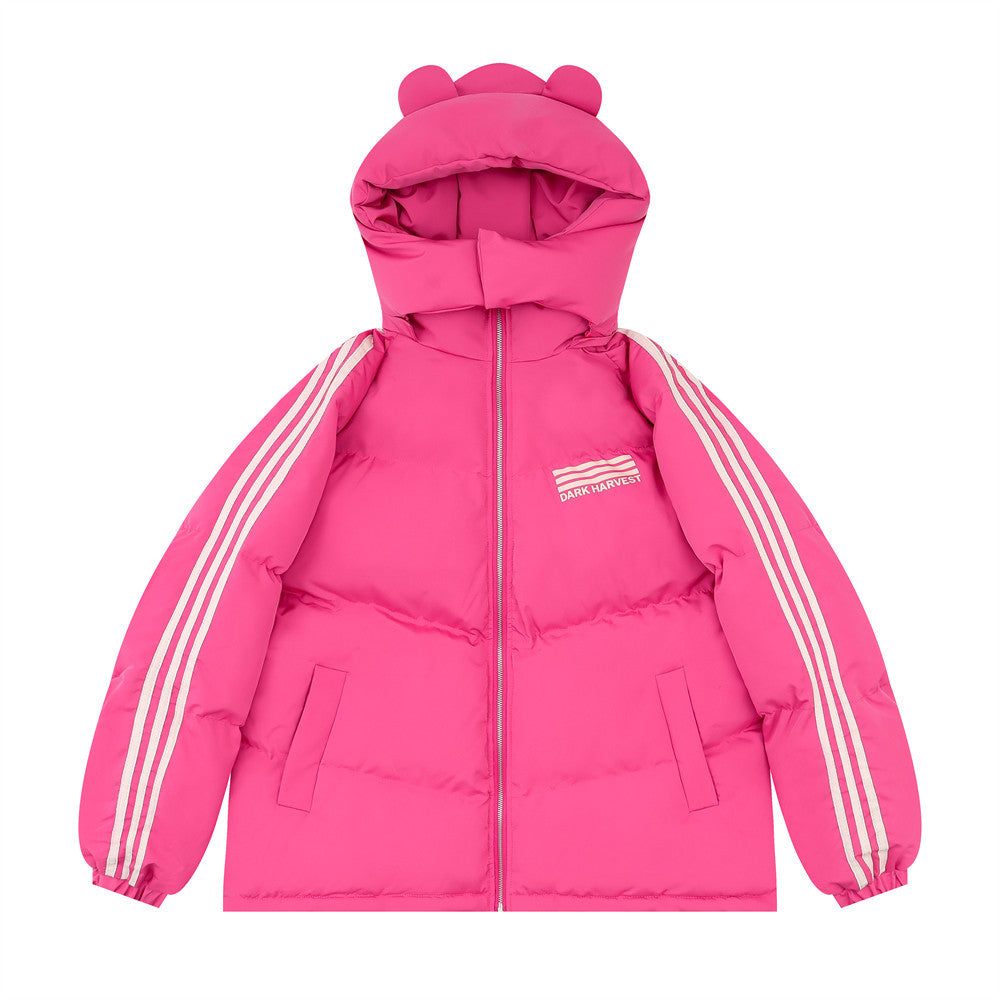 Bear Ears Hooded Ribbon Color Matching Three Stripes Striped Coat