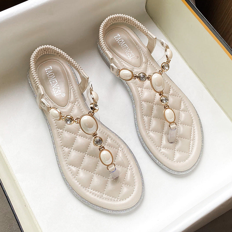 Flade flip-flops med rhinsten, romerske flip-flops i stor størrelse