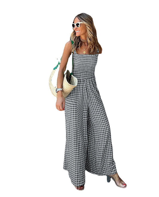 Summer Elegant Women's Trousers Plaid Jumpsuit Mid-waist Casual Pants