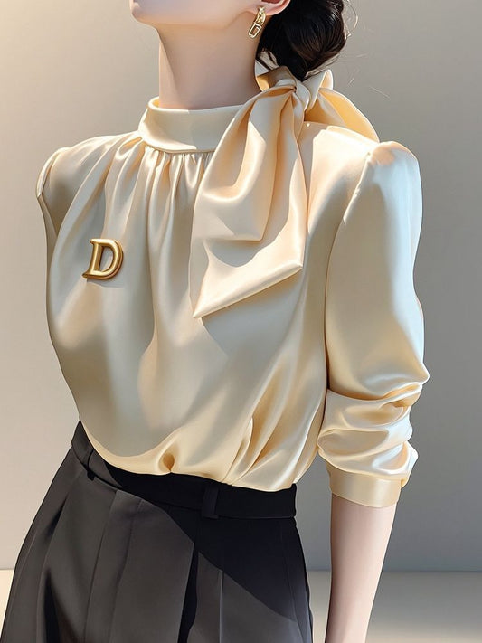 Champagne Satin Long-sleeve Shirt With A Bow-tie Tie-up Top