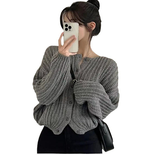 Lazy Solid Color Top Women's Sweater Coat Loose Round Neck Single Breasted