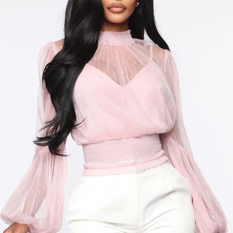 Women's Clothing New See-through Mesh Top Chiffon Shirt