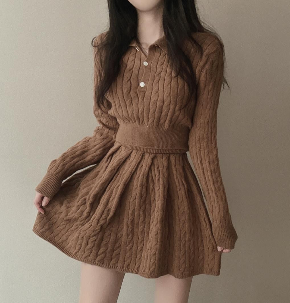 Cute Knitted Sweater Pleated Skirt Slimming Slim Fit Suit