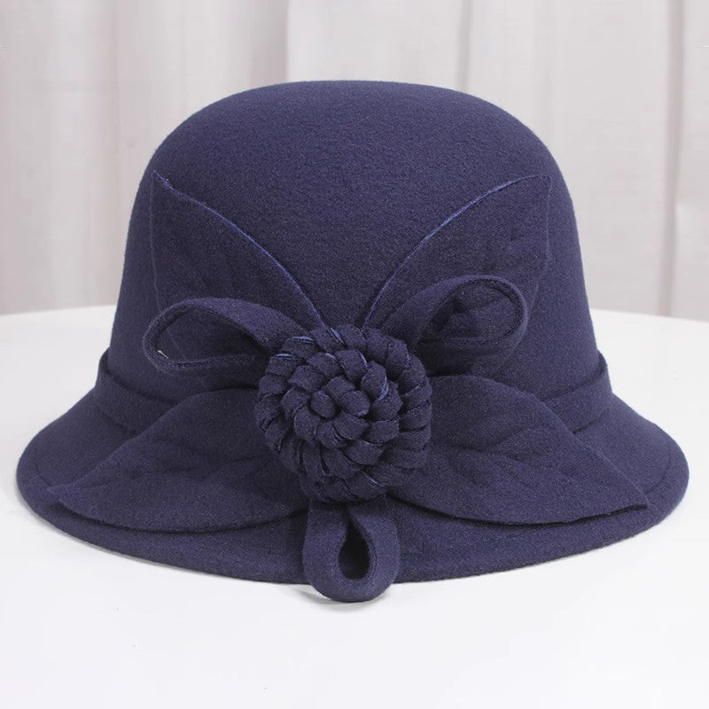 Korean Style Autumn And Winter Women's Woolen Hat Flowers British Retro Fisherman Basin Hat