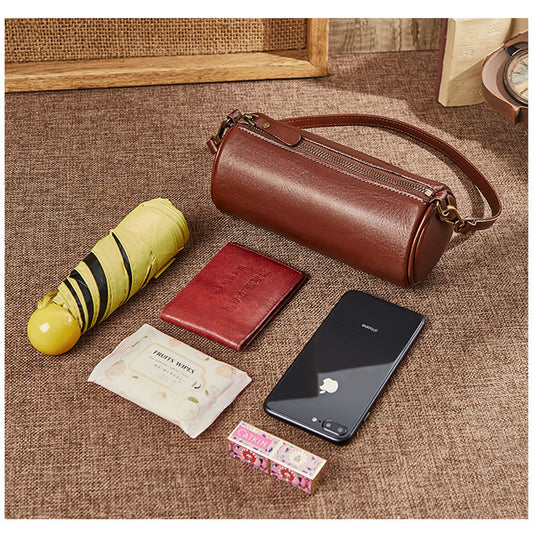 Top Layer Cowhide Leather Single-shoulder Bag Wide Shoulder Strap Round Bag