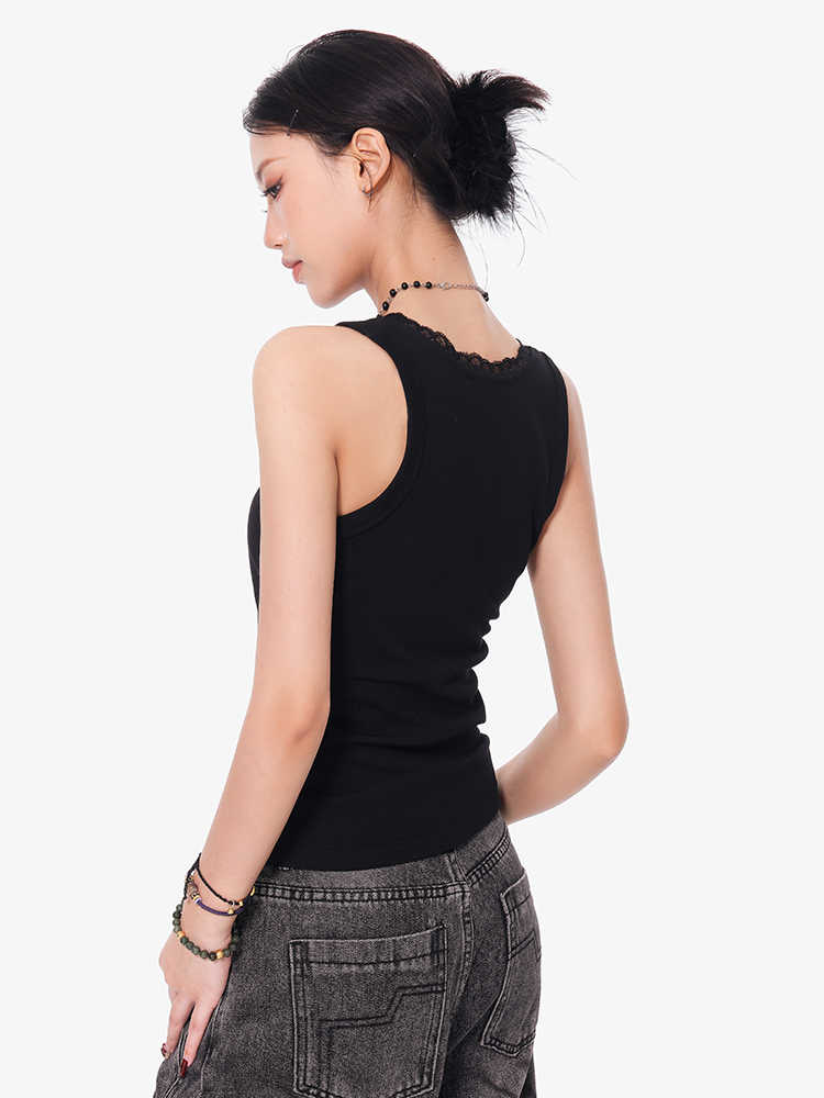 Black Lace I-shaped Camisole Women's Slim U Collar Top