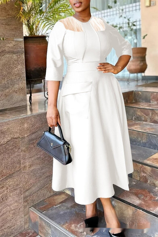 Womens Waist-Cinching Full-Skirted Solid-Color Dress