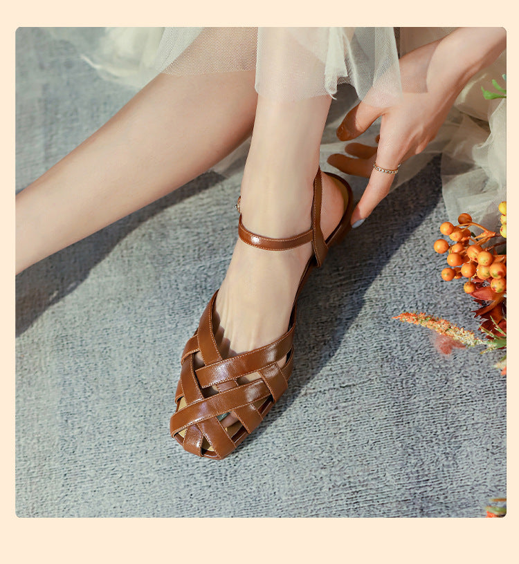 Shaped Thick Heel Round Toe Buckle Hollow Toe Cap Sandals