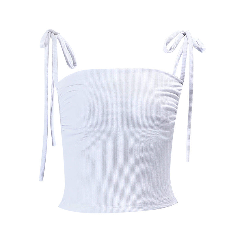 Flat Neck Bra With Lace Pleats And Exposed Navel Strap Vest