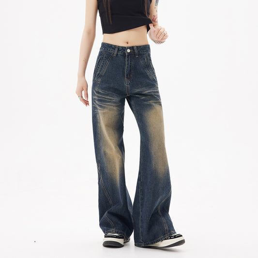 Retro Washed Dark Blue Straight Jeans