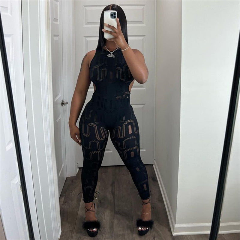 Summer New Women's Sleeveless Hollow Slim High Top Sports One-piece Trousers
