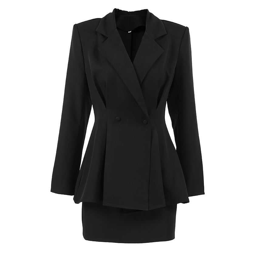 Womens Black Elegant Slimming Waist-Cinching Suit And Sheath Skirt Two-Piece Set