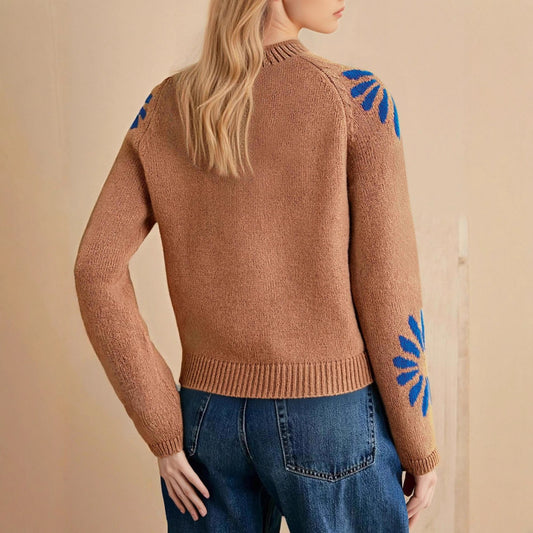 Round Neck Flower Color Collision Design Casual Knitted Sweater