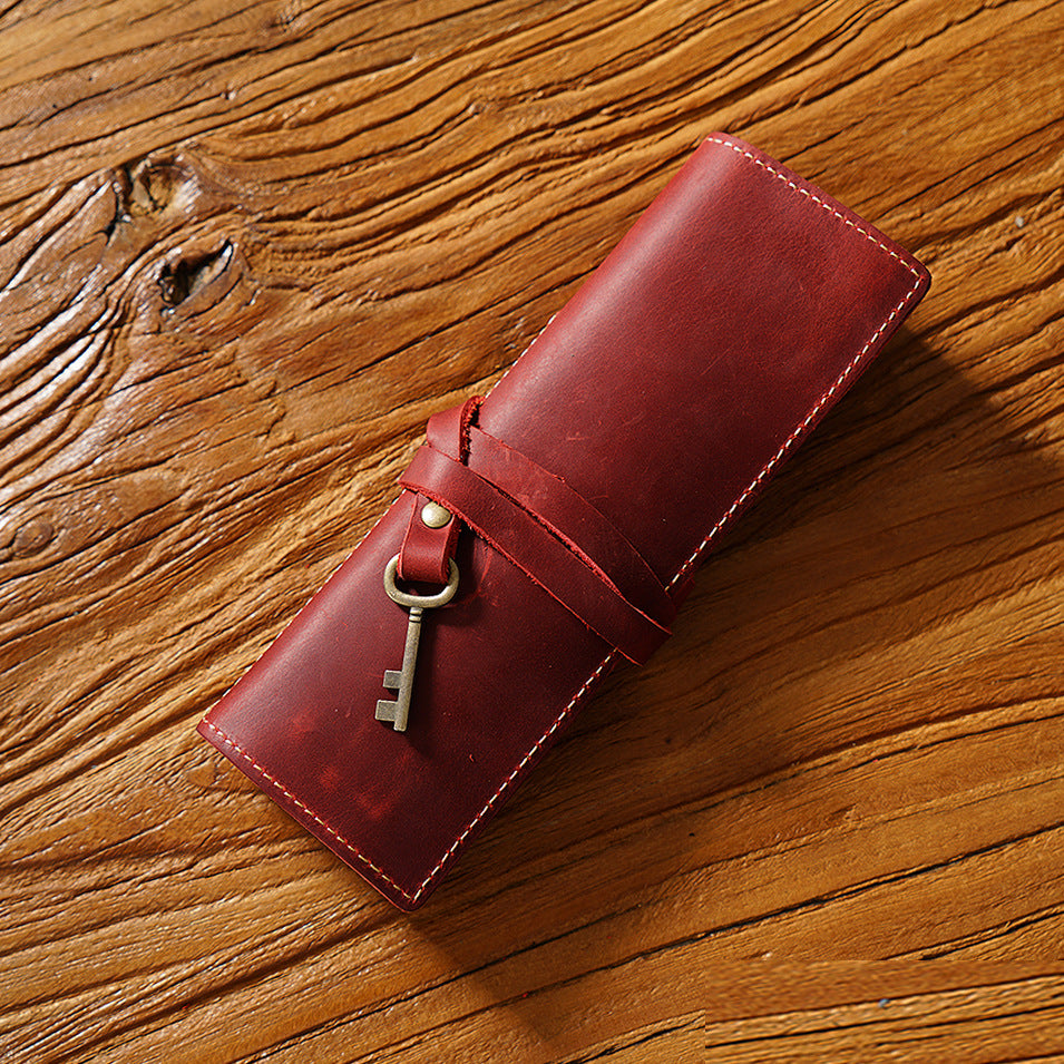 Vintage Cowhide Pen Bag Three Fold Pen Clip Rolling Shutter Stationery