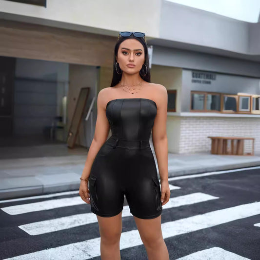 Sexet Off-Shoulder Tube Top Bodycon PU Læder Jumpsuit Med Markeret Talje til Kvinder