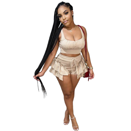 Nightclub Clothes Two-piece Suit Of Solid Color Vest And Shorts With Wooden Ears