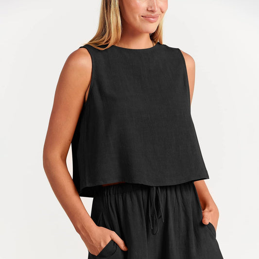 Women's Casual Sleeveless Loose Cotton Linen Shorts Two-piece Suit