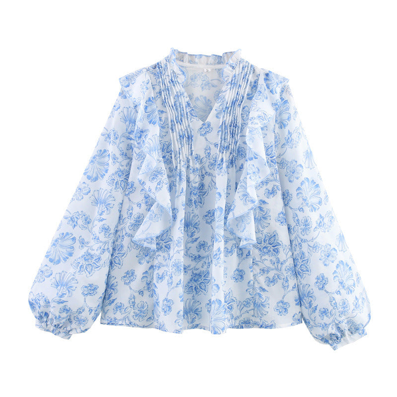 Floral Ruffled And Laminated Decoration Printed Shirt