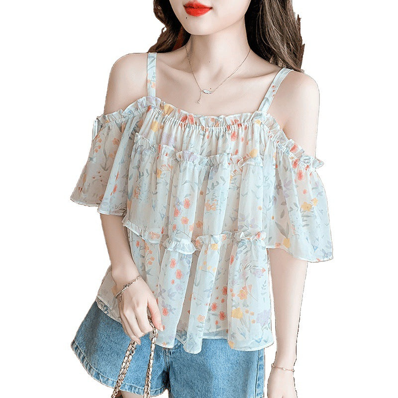 New Doll Shirt Off-shoulder Floral Outerwear One-shoulder Strappy Top