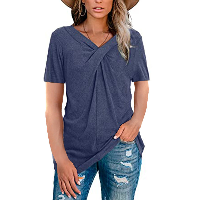Women's V Neck Short Sleeved Neckline Kink Casual T Shirt