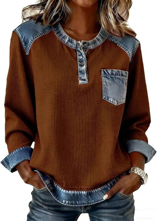 Patchwork Button Pocket Long Sleeved Round Neck Top