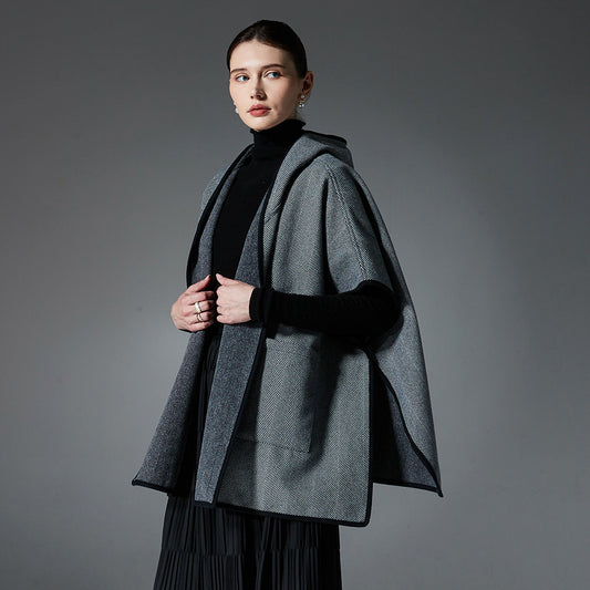 New Double-faced Woolen Goods Gray Hoodie Cloak Shawl