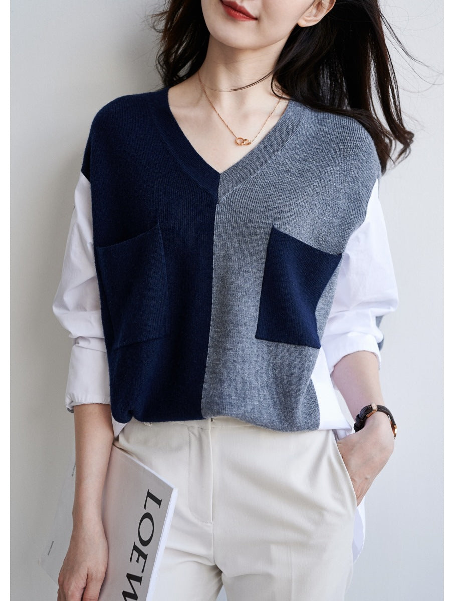 Women's Retro Contrast Color V-neck Knitted Stitching Pocket Shirt