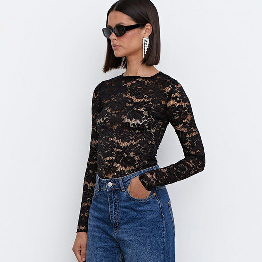 Womens Lace Slim-Fit Sheer Long-Sleeve Top
