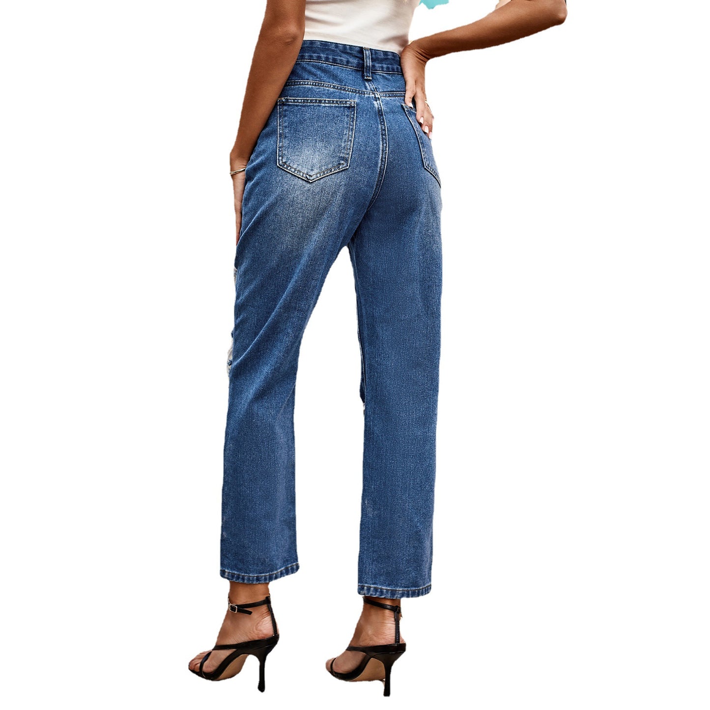 Washing Water Ripped Straight Denim Ankle-length Pants