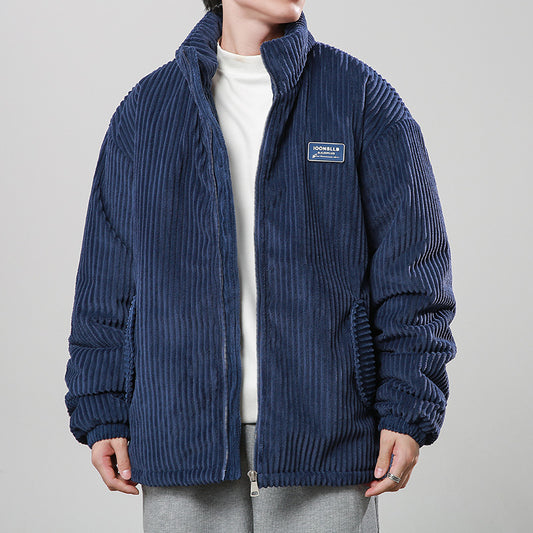 Vinterfløjlsjakke med bomuldsfor, varm standkrave, lynlåslukning, afslappet outdoor streetwear til mænd