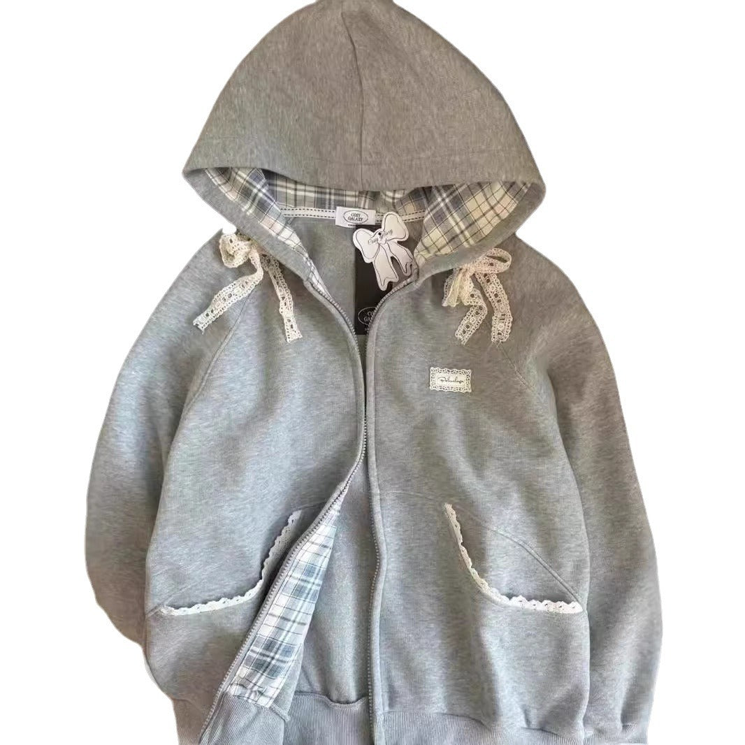 Women's Fashion Lace Bow Zipper Jacket