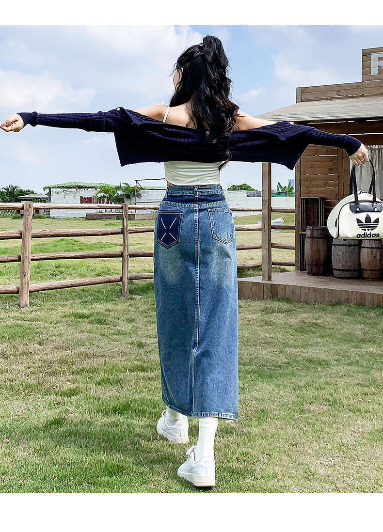 Front Slit High Waist Denim Skirt For Women