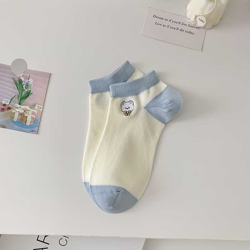 Shallow Mouth Socks Striped Embroidery Cartoon